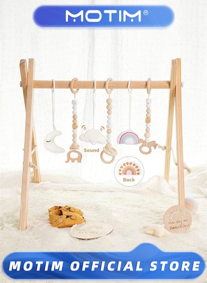 Wooden Baby Play Gym with 6 Gym Toys Foldable Frame Activity Center Hanging Bar Natural Wood Play Gym Fit Baby Gym Mat