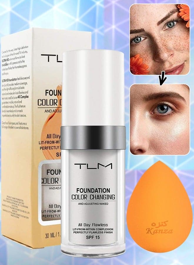 Color Changing Liquid Foundation with Makeup Sponge Oil Control Face Cover Concealer Natural Color Face Primer Base Face Cream Concealer Cover Cream Moisturizing Liquid Foundation 30ml
