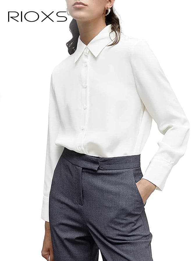 Women's Shirts, Classic Button Down Shirt, Long Sleeve Collared Work Tops, Comfy Chiffon Blouse, Business Casual Shirts, Fashion Shirt for Women Match with Jeans Tight Leggings High Heels, Ladies White Shirt for Dating Office Daily Life