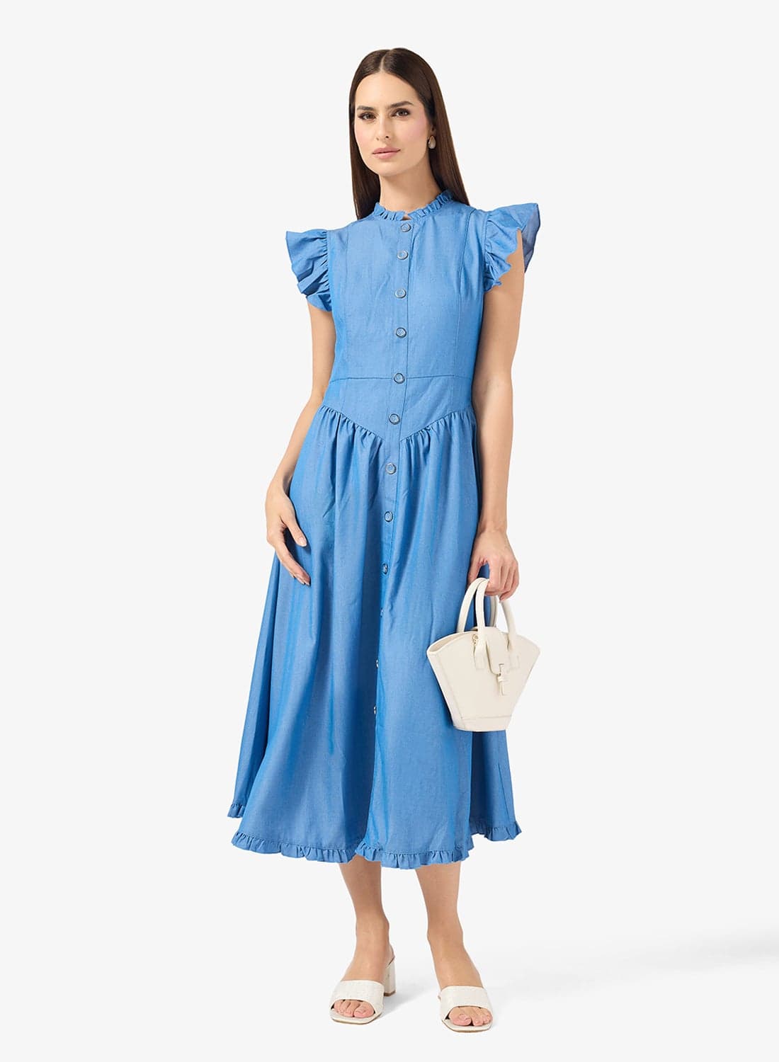 Ruffled Sleeve Dress With Princess Cut Waistline