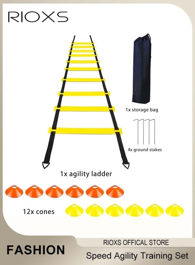 Agility Speed Ladder Training Equipment, Speed Agility Training Set Includes 6m/19.68ft Agility Ladder, 12 Disc Cones, 4 Steel Stakes, Carry Bag, Fitness Drills for Kids Teens Adults Efficient Agility Training