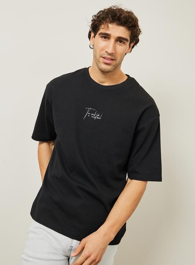 Oversized Embroidered Slogan Interlock T-Shirt