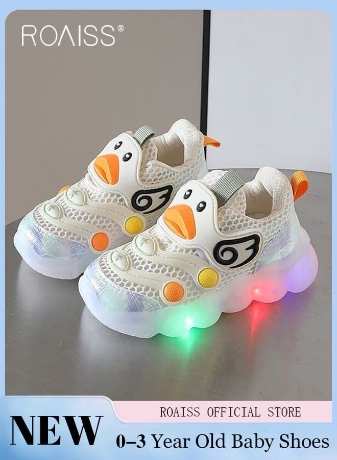 Toddler Shoes with LED Light for 1-3 Year Old Baby Children Cute Pattern Natural Rubber Soft Sole Sneakers Kids Breathable Anti Slip Outdoors Luminous Shoes Beige