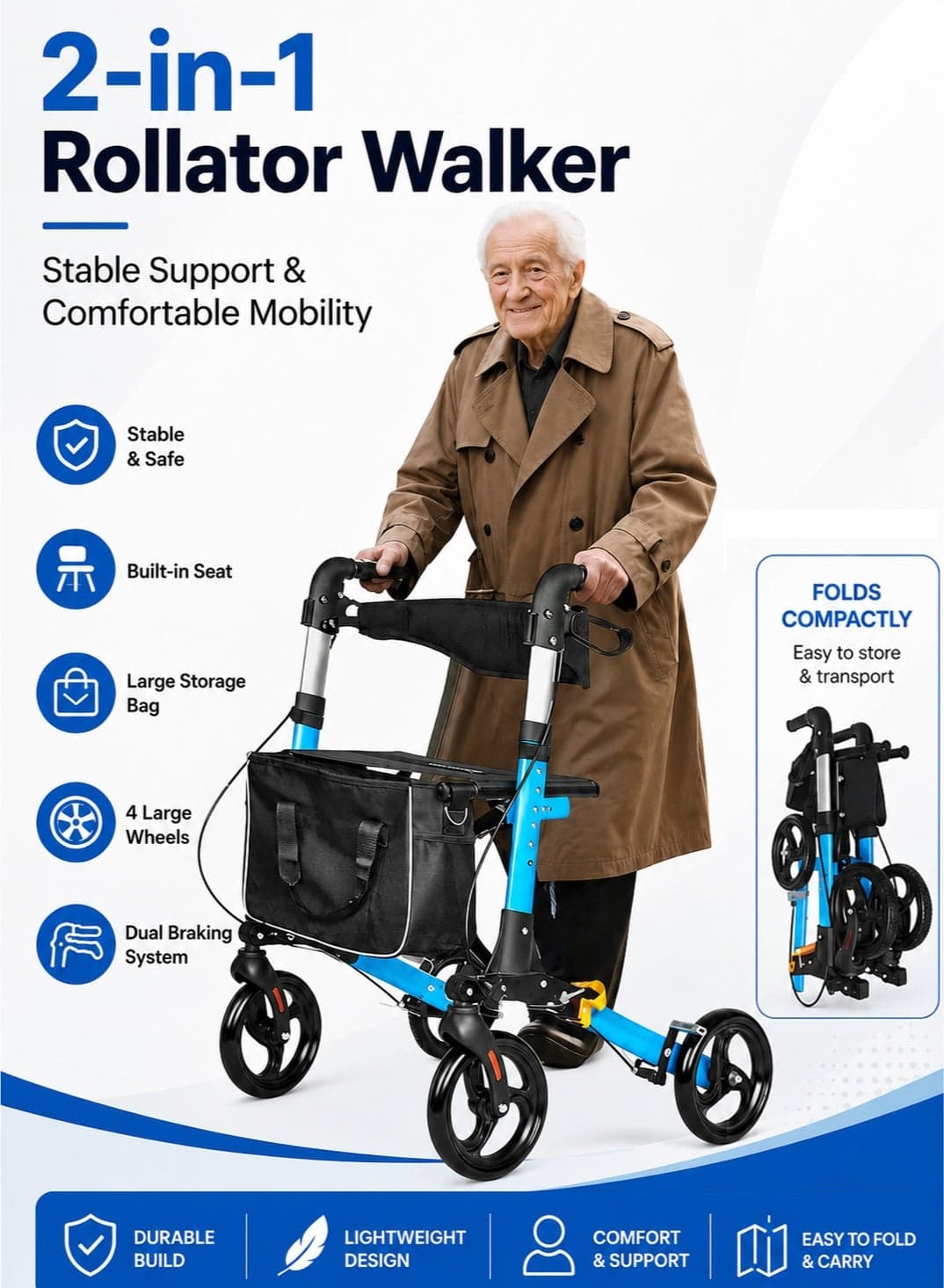 Foldable Aluminum Rollator Walker with Seat, 8-Inch Wheels, Backrest, Storage Bag and Adjustable Brakes, Lightweight Mobility Aid for Seniors, Supports up to 330 lbs - Black & Blue