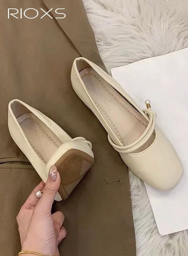 Women's Flats, Mary Jane Flats for Women, Classic Mary Jane Shoes, PU Leather Square Toe Slip On Ballet Flats, Ladys Ballerinas Flat Shoes, Anti-slip Lightweight Walking Shoes, Ladies Comfort Shoes for Office Work Dating Party Prom, Beige Footwear