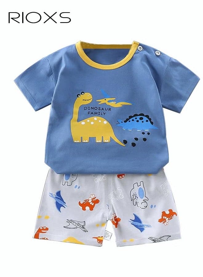 2 Piece Toddler Boys Pajama Set, Adorable Dinosuar Short Sleeve Crew Neck Top and Short Pants Nightwear, Baby Boy's Cotton Outfits Casual Playwear, Spring Fall Animal Print Sleepwear Sets for Little Kids/ Big Kids, Blue