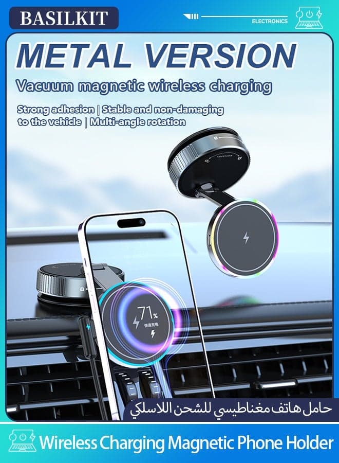 Magnetic Car Mount for Mobiles with 15W Wireless Charger, 360° Rotatable Metal Arm Vacuum Suction Cup Holder, Strong Magnetic Vacuum Adsorption Car Stand for Dashboard Windshield, Fast Charging Compatible iPhone 17/16/15 Series, Samsung S26 Ultra & All Android Smartphones Black