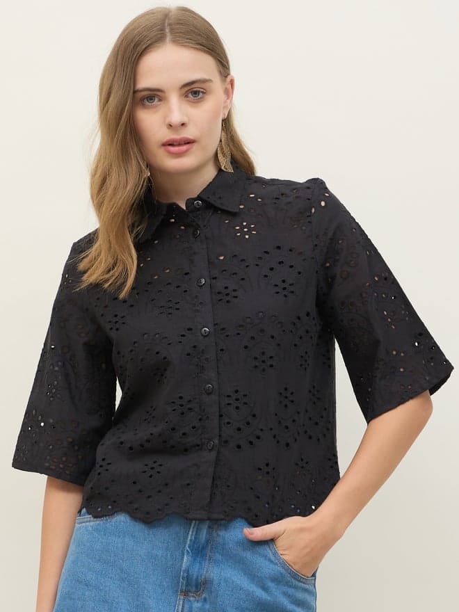 Schiffli Short Sleeve Shirt With Scallop Hem