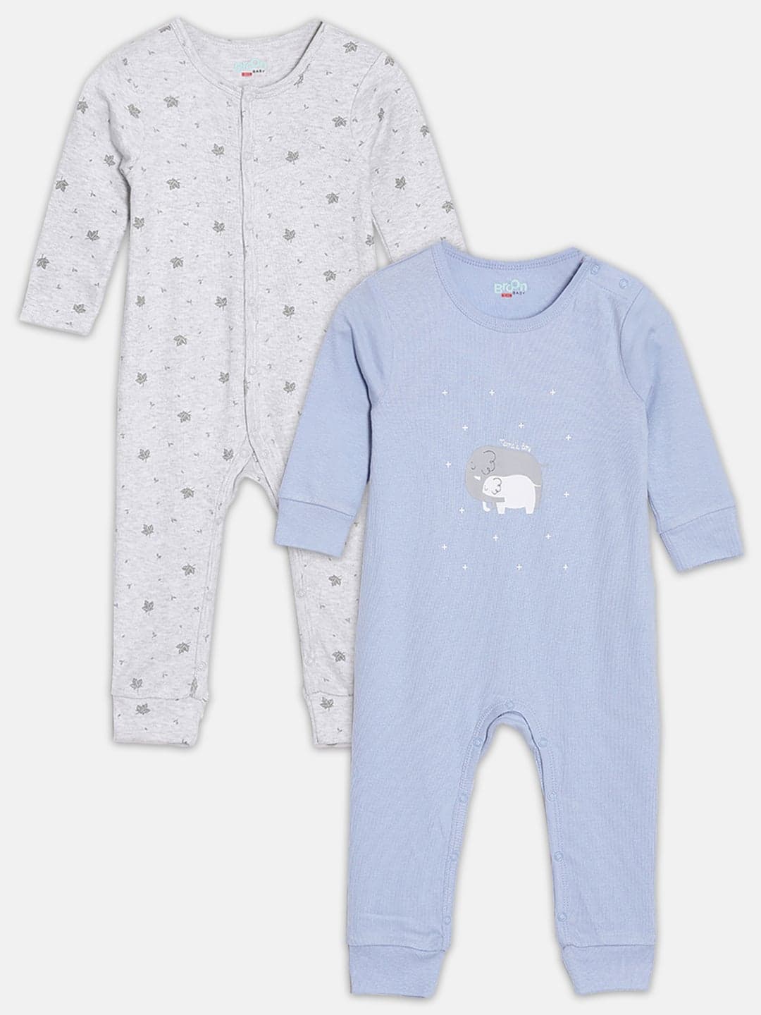 Broon Infant Boys Grey and Blue Printed Organic Cotton Sleepsuit Pack of 2