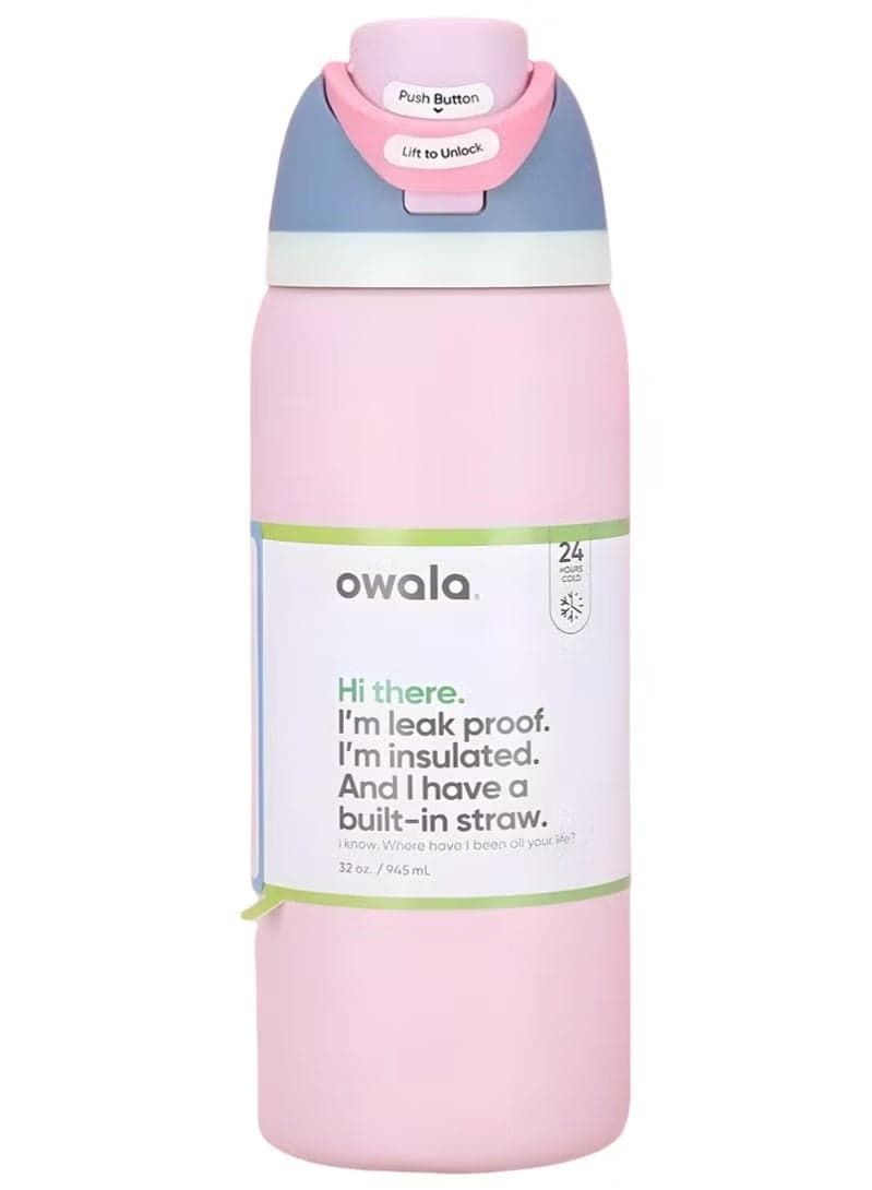 Owala FreeSip Insulated Stainless Steel Water Bottle with Straw, Leak Proof, BPA-Free, 32oz Iced Breeze, 1-Pack, (Macaron Strawberry)