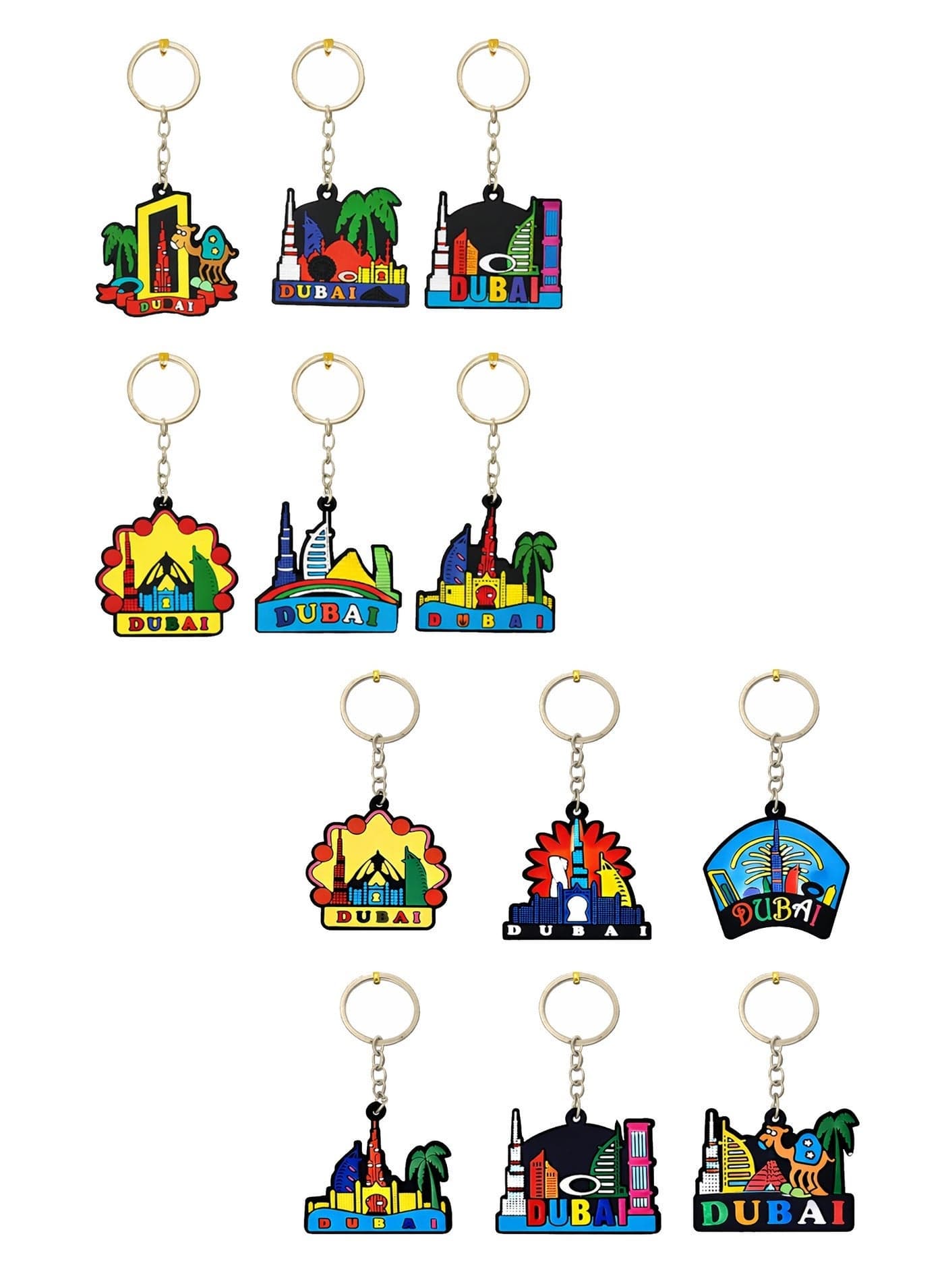 12 pcs Multicolor PVC keychains made from soft, durable rubber with vibrant Iconic Dubai Skylines —perfect souvenirs, gifts, or everyday accessories & party Favours.
