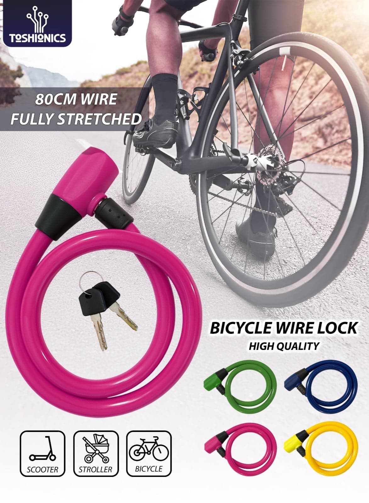 Heavy Duty 80cm Bicycle Lock Cable Anti-Theft Security Bike Lock for Scooter, Cycle, Baby Stroller, E-Bike, Motorcycle, Gate & Outdoor Use Alloy Lock Buckle with HDPE Coated Steel Wire (T114631)