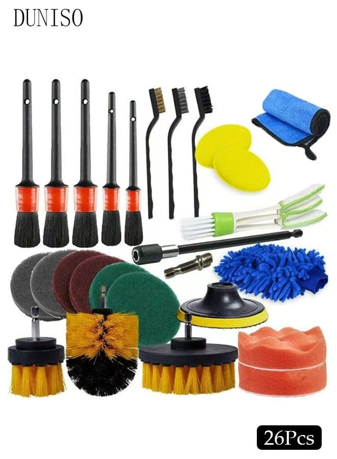 26 Pieces Drill Brush Attachment Set, Wash Mitt Sponge Towels Tire Brush Duster Complete Interior Car Care Kit Drill Cleaning Brush for Wheel Brush for Bathroom, Floor, Bathtub, Car