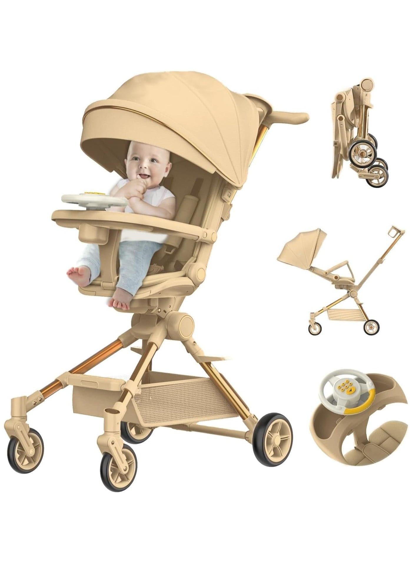 Baby Stroller, Convertible Travel Strollers, Two-Way Foldable Cabin Stroller with 5-Point Harness & SunShade, Extra Storage - Child Tray with Musical Wheel