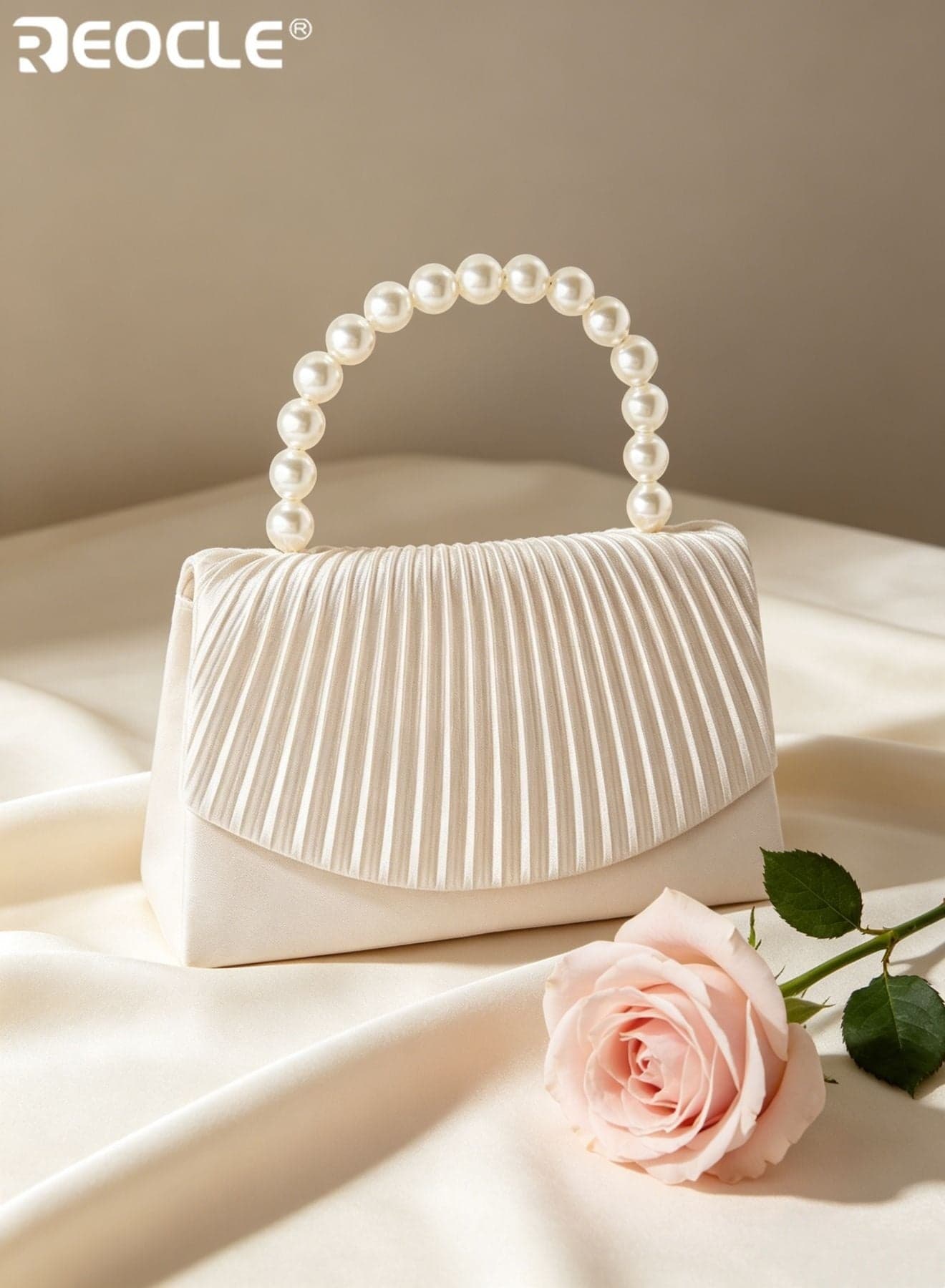 Women's Satin Handbag with Pleated Flap and Pearl Accent Design Luxury Bag with Striped Pattern and Pearl Handle for Fashion Crossbody Carry