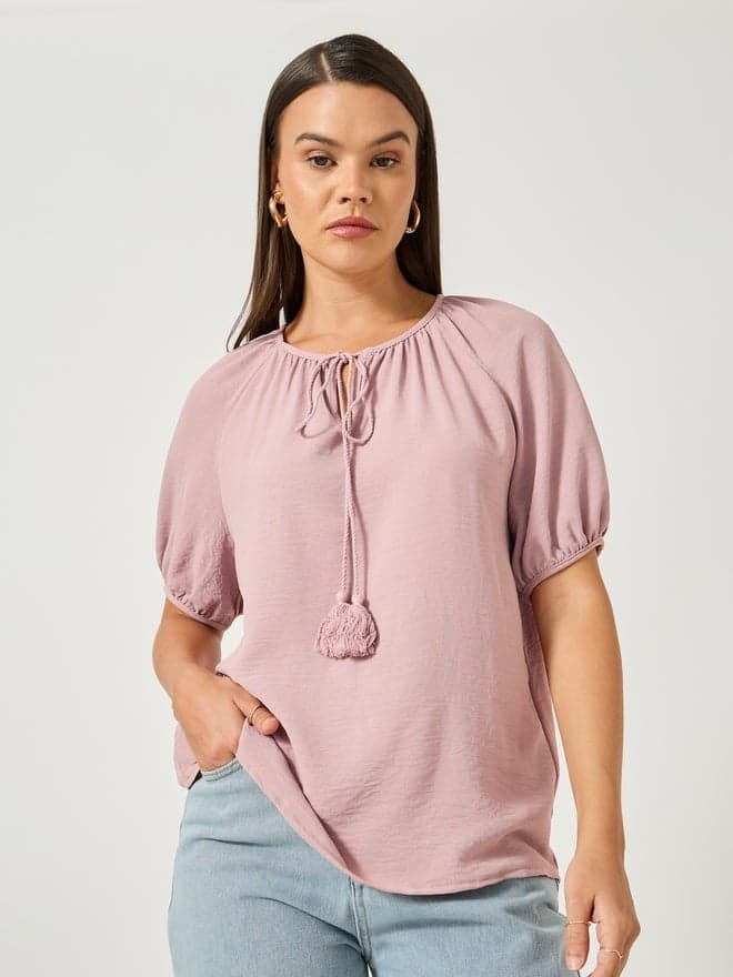 Puff Sleeve Tie-Up Neck Blouse