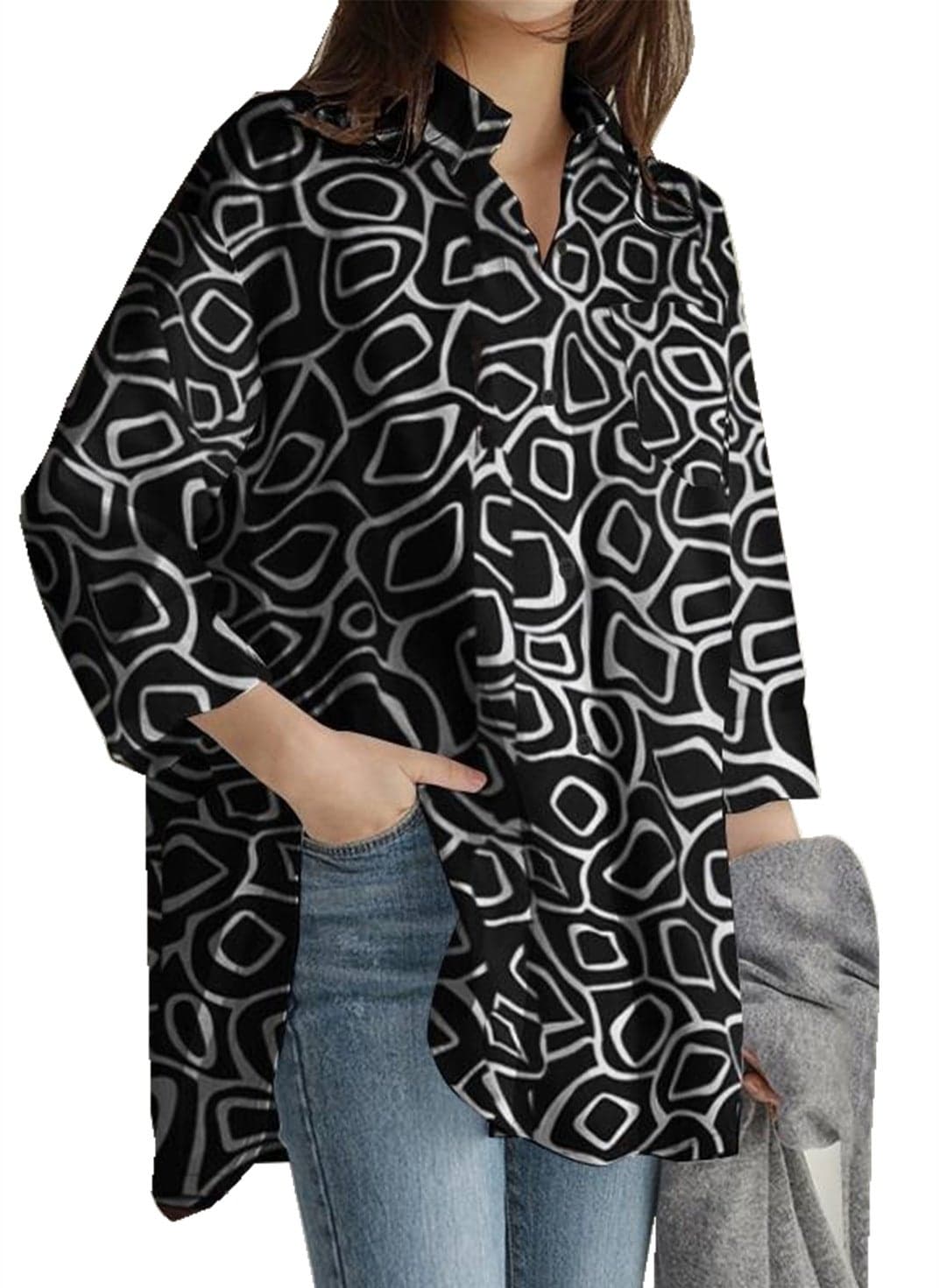 European and American Fashion Office Women's Printed Top 2024 Spring Long Sleeve Tunic Top Casual Loose Levers