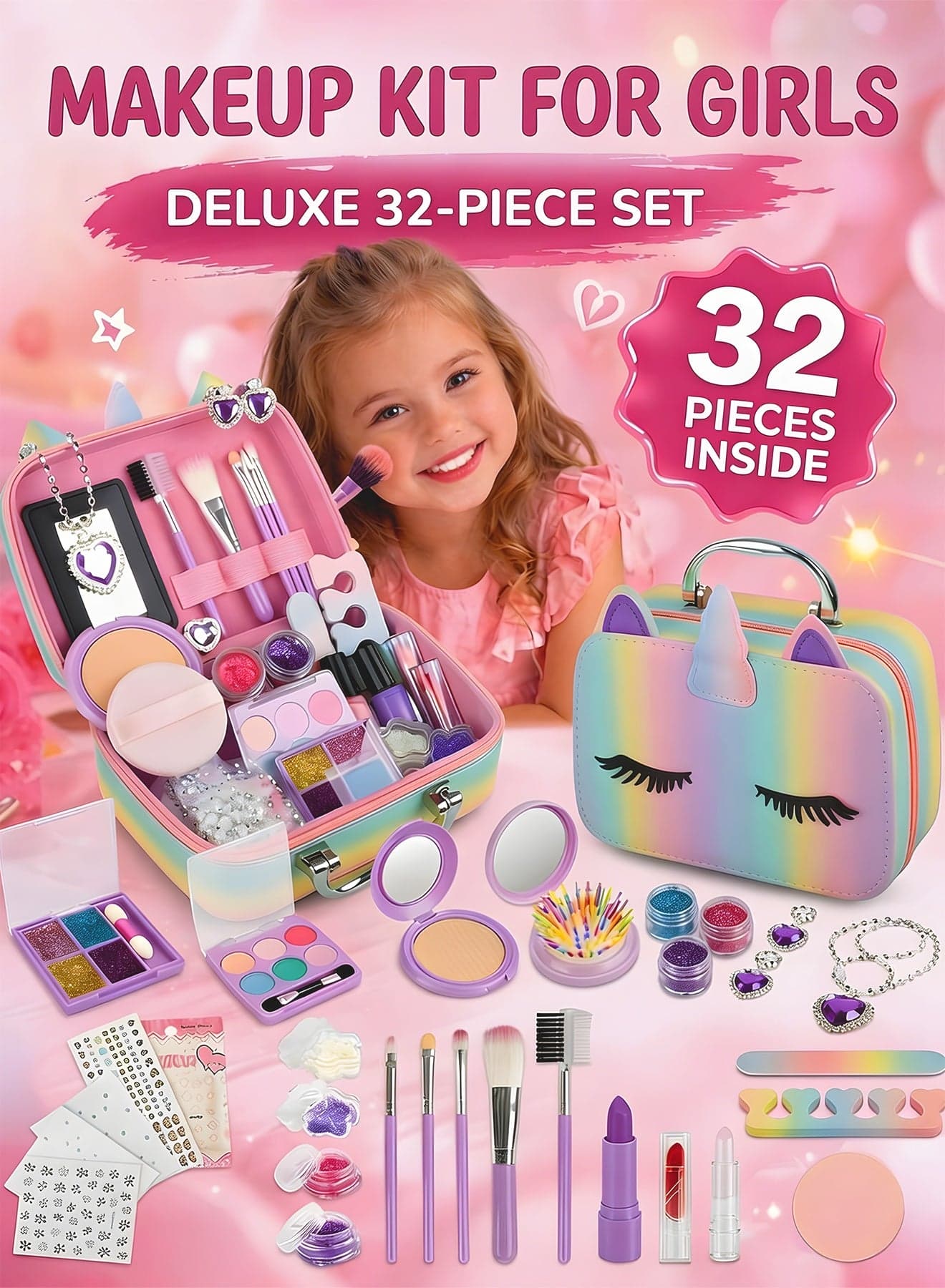 Kids Makeup Kit for Girls 32PCS – Unicorn Real Washable Makeup Set for Kids Ages 4-12, Non-Toxic Pretend Play Cosmetics with Makeup Bag, Birthday Gift, Unicorn Toys for Girls