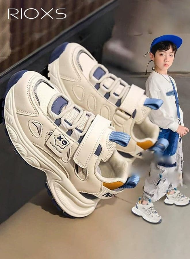 Unisex Kids Chunky Platform Sneakers, Trendy Athletic Running Sneakers for Boys and Girls, Lightweight Breathable Leather Sports Shoes with Hook and Loop, Non-slip Shock Proof Kids Tennis Shoes Casual Walking Shoes, Suitable for School, Runnig, Playing, Riding, Playground and More