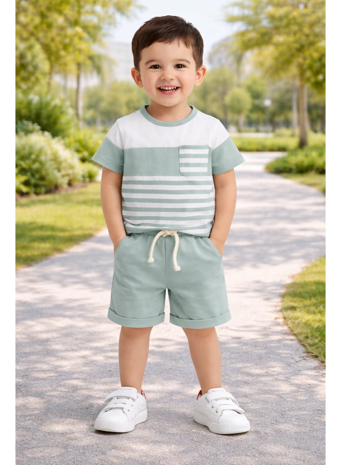 Toddler Boys 2-Piece Summer Outfit Set (18–36 Months) – Short Sleeve Striped T-Shirt with Pocket & Elastic Waist Shorts – Soft Cotton Casual Clothing Set