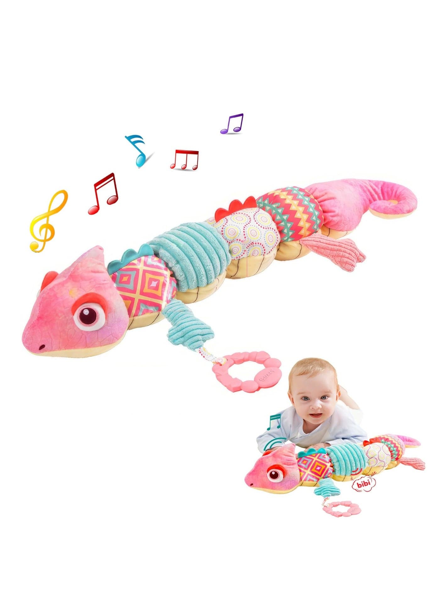 Baby Musical Stuffed Animal Toy with Soft Sensory Rattles and Crinkle Newborn Plush Tummy Time Toys 6+ Months Old Baby Girl Gift, Pink Chameleon