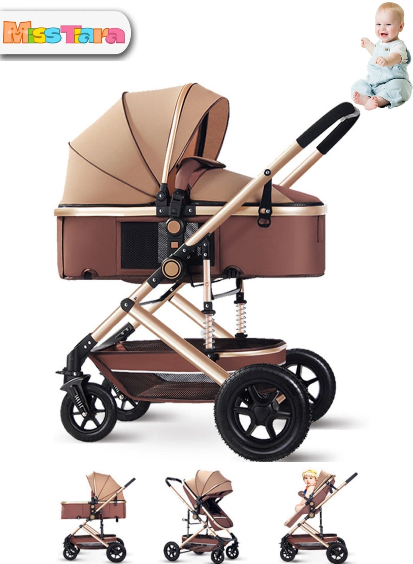 Baby stroller with High view Double push rod Can sit and lie down Lightweight Foldable Four-wheel rubber Strong shock absorption Large Space Durable Suitable for Baby 0-3 years old Travel strollers