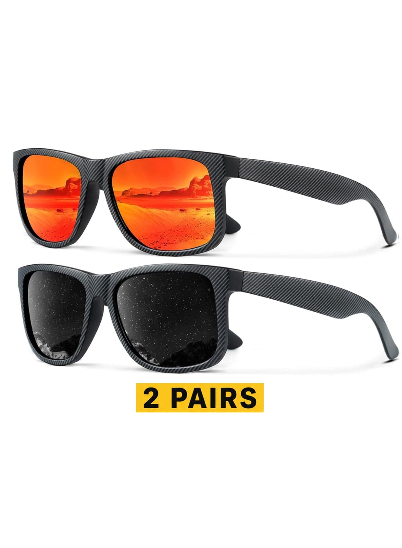 Pack of 2 Polarized Sport Sunglasses Unisex, Carbon Fiber Texture Frame, UV400 Driving, Mirrored Fire Orange & Black