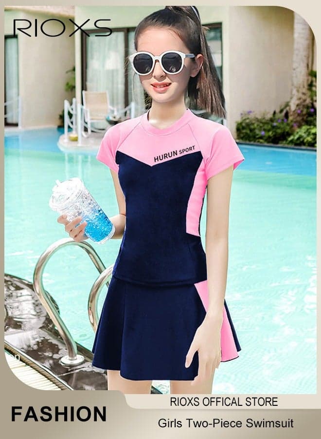 Kids Watersports Clothing Girl's Swimsuits, Kids Two-Piece Swim Set, Short Sleeve Swimming Top And Shorts, Kids Swimwear For Water Sports, Quick Dry Bathing Suits, Sun Protection Swimwear For Beach/ Pool/ Water Park