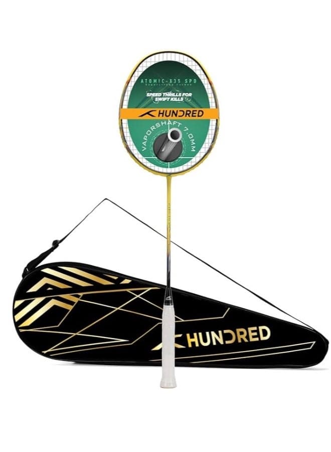 Hundred Atomic X 35 SPD Carbon Fibre Strung Badminton Racket with Full Racket Cover for Intermediate Players (82g, Maximum String Tension - 32lbs) (Lime/Black)