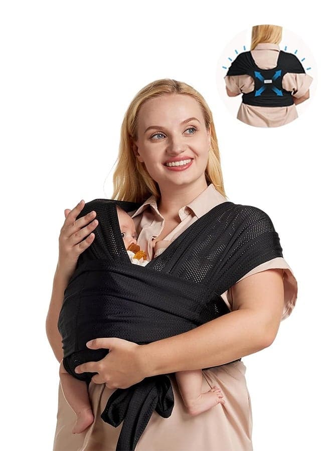 Baby Wrap Carrier Skin-Friendly Fabric, Easy to Wear Baby Carrier Sling T-Shirt Design, Hands Free Baby Carriers Newborn to Toddler 8-35lbs, Adjustable Buckle Suit for Waist 30-47inch, Black