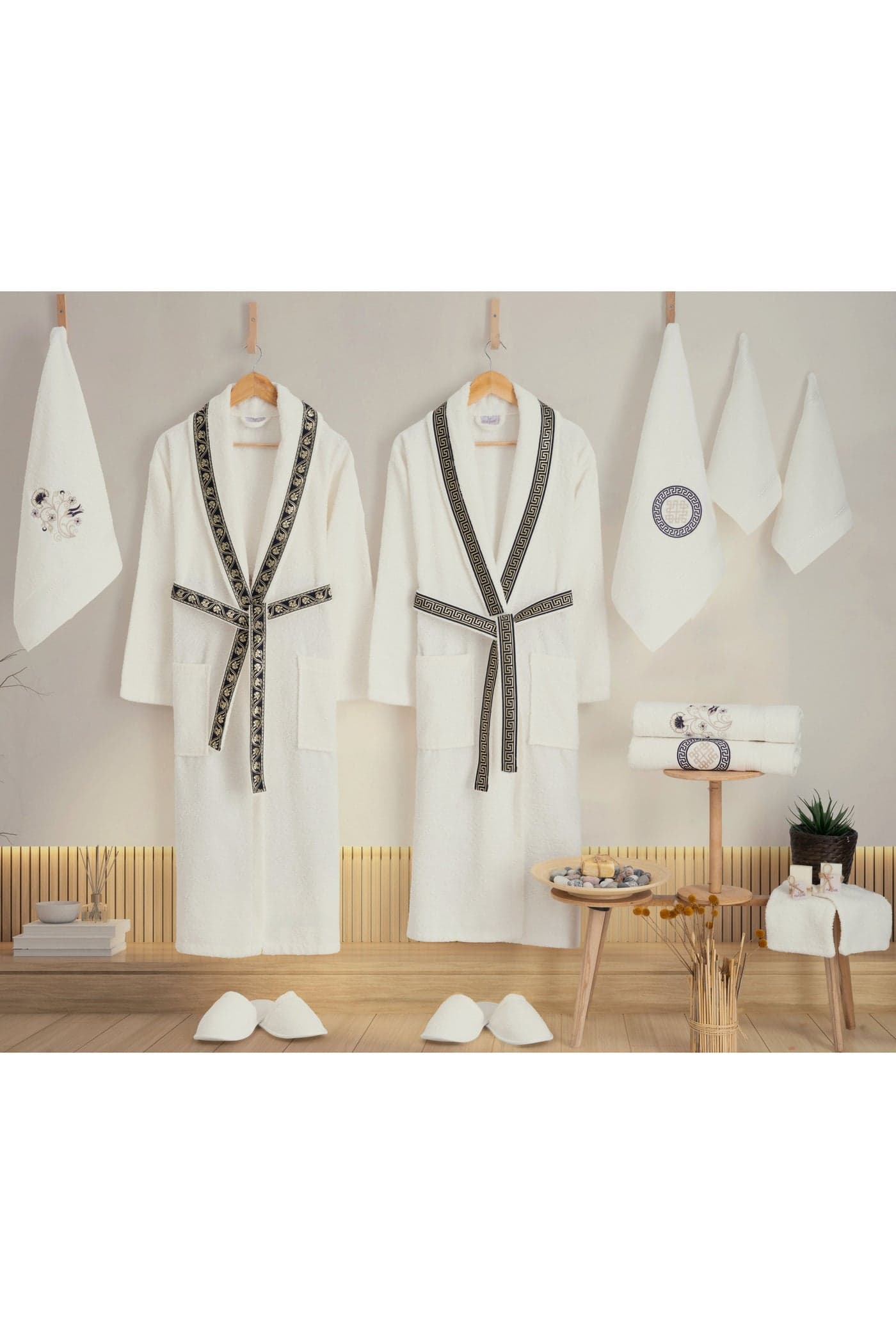 16-Piece Premium Family Bathrobe Set 100% Turkish Cotton Luxury Robe & Towel Gift Set for Couples Includes 3 Size Towels, Slippers, Wash Gloves & Soap Dark Navy/Off White