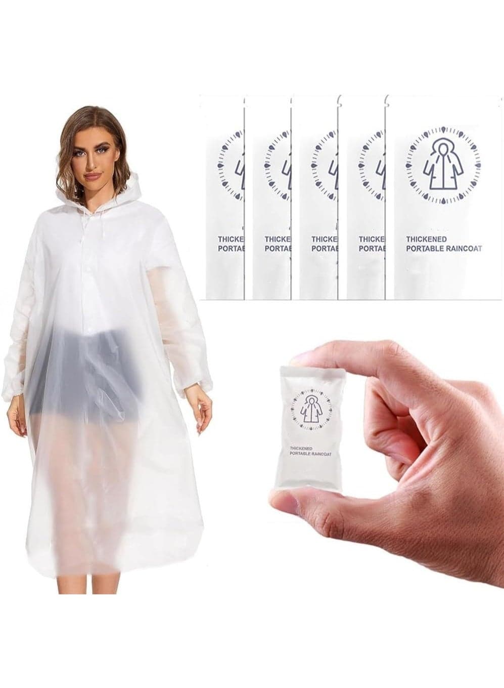 5 PCS Transparent Raincoat for Adults,Unisex Disposable PVC Rain Ponchos Portable Compressed Pocket Raincoat Individually Wrapped Long Rain Poncho with Hood for Women Men Travel Outdoor-White