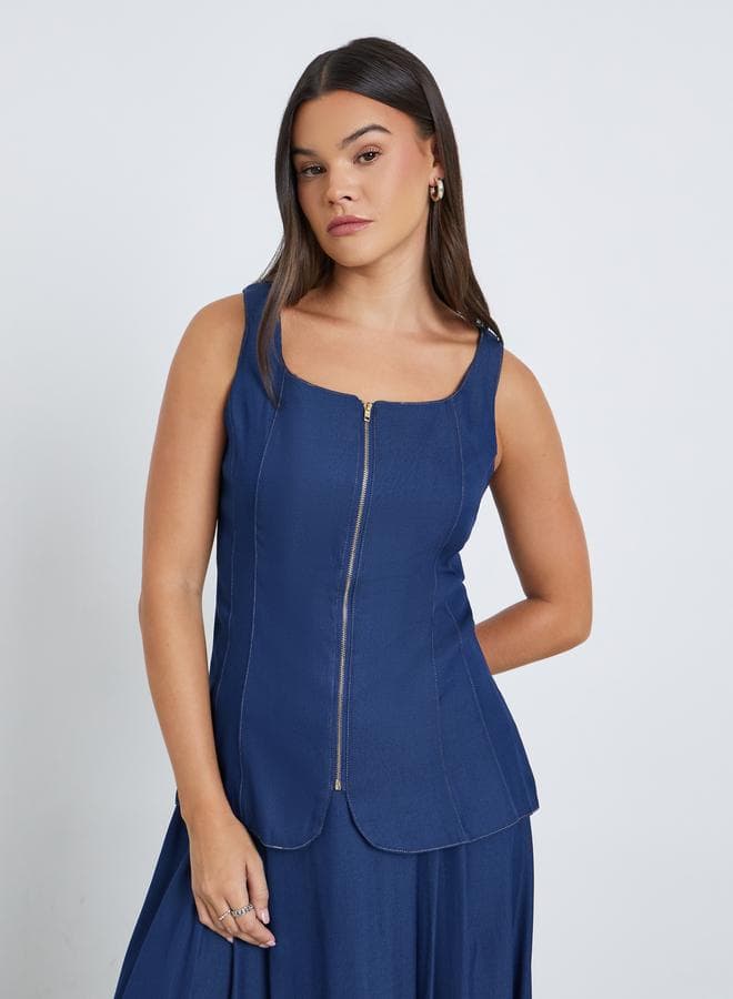 Styli Dark Blue Panelled Peplum Top