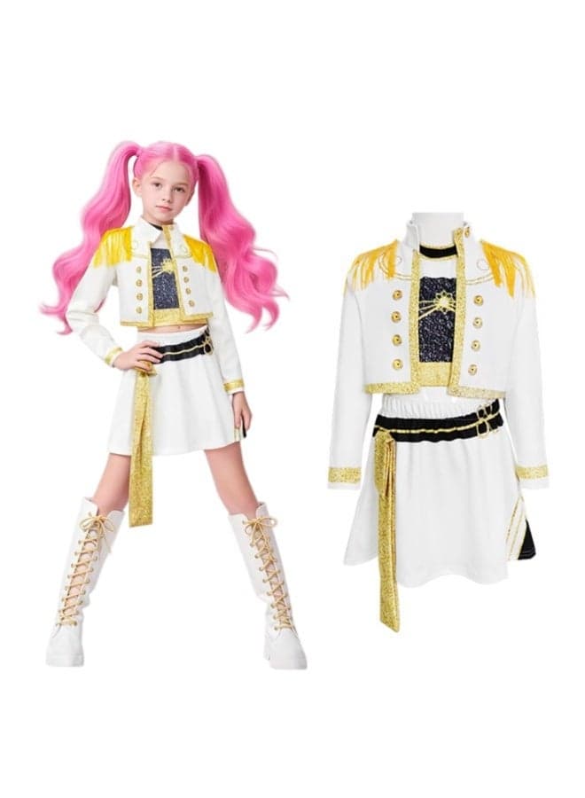 3 PCS K-POP Demon Hunter Girl Group Rumi Mira Zoey Cosplay Costume (Fringe Style) Set, Popular Singer Embroidered Stage Outfit, Girls Dance Performance Clothing Suit, Children Role-Play Costume ,For Ages 3-10 Children's Costumes
