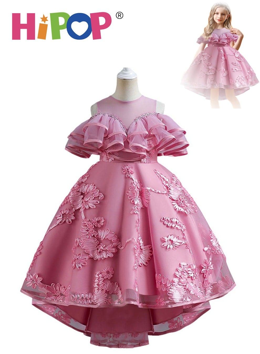 Girls Princess Dress Up,Princess Costume with Breathable Mesh and Lining,Birthday Party Cosplay Outfits for Girl Gift,Pink Dress with Beautiful Flower Pattern,3 Layers,120cm