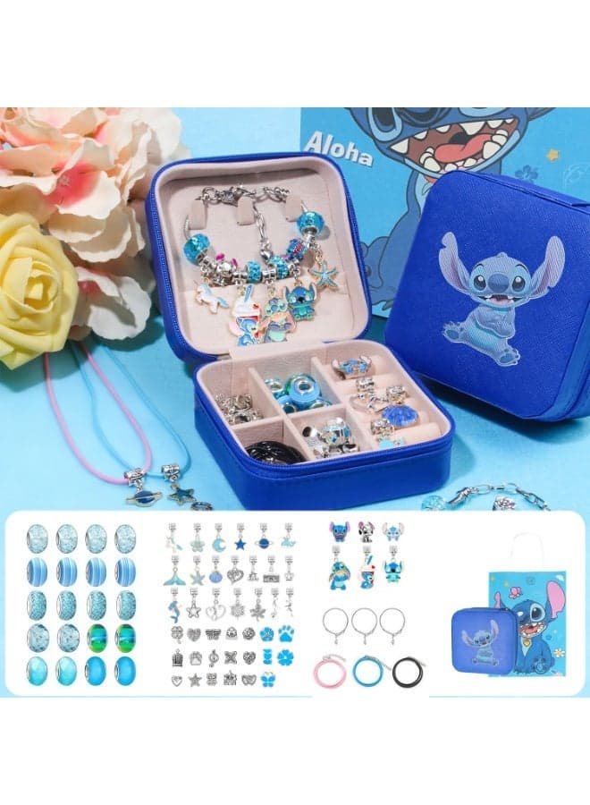 Lilo & Stitch DIY Jewelry Making Kit for Kids – 74 PCS Hawaiian Stitch Charm Bracelet & Necklace Set with Beads Pendants Storage Box Gift Bag, Cute Craft Kit for Birthday Gifts Party Favors