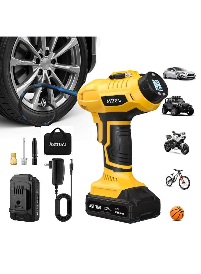 AstroAI Cordless Tire Inflator Air Compressor 20V Rechargeable Battery Powered 160PSI Portable Air Pump with 12V Car Power Adapter Digital Pressure Gauge for Cars Motorcycles JY16P160-18(C2)Yellow for Gifts