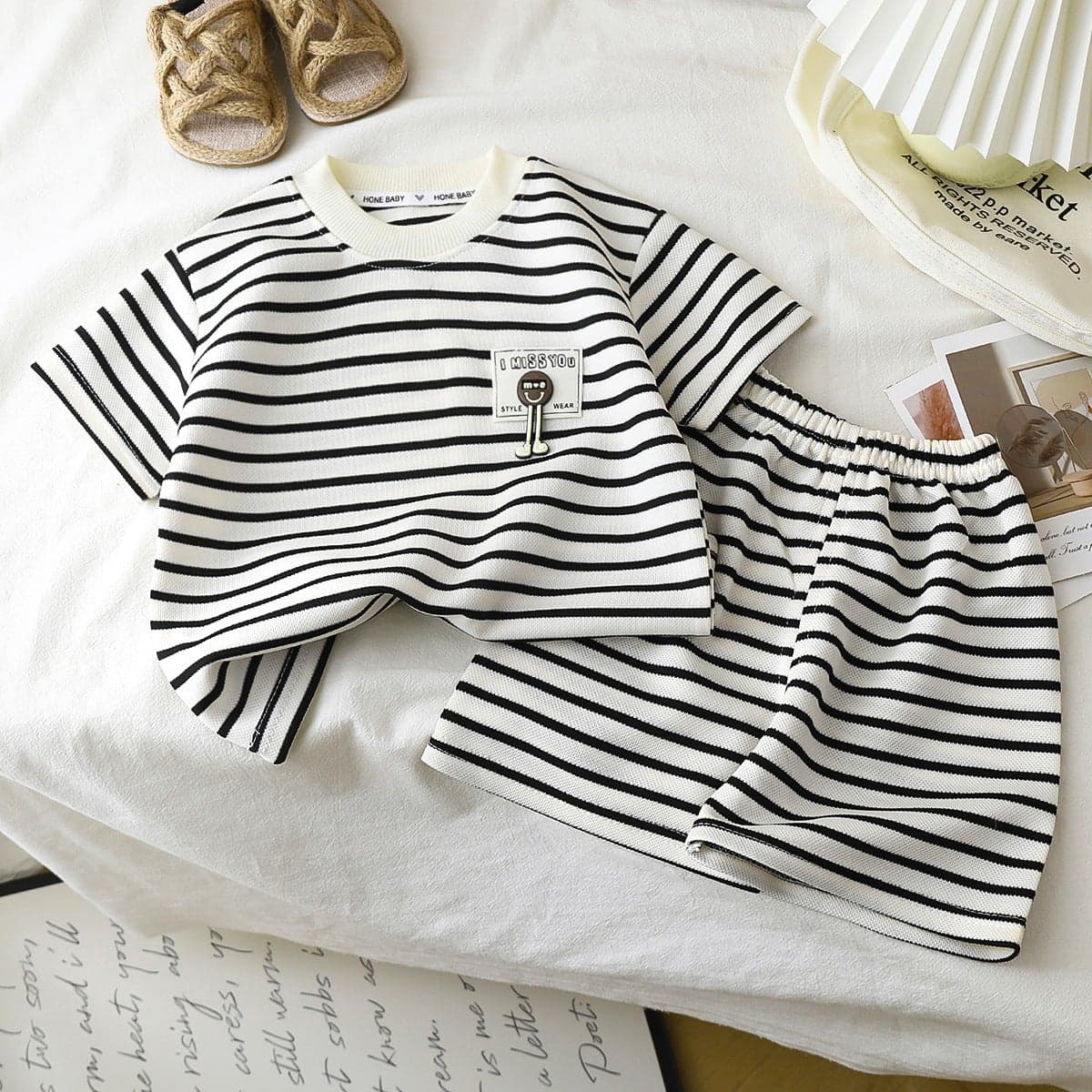 Children'S Short-Sleeved Suit Black And White Striped Boys T-Shirt Baby Summer Children'S Clothing Girls' Shorts Baby Clothes New Arrival