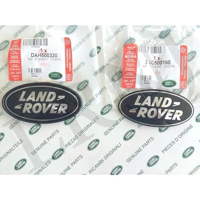 LAND ROVER ABOUT OVAL BADGES BLACK ON SILVER -NEW GENUINE PARTS DAG500160 + DAH500330