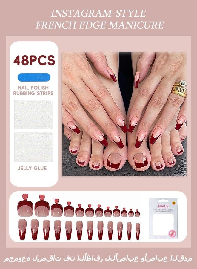 48-Piece French Edge Press On Fake Nails, Include Jelly Stickers and Nail File and Small Wooden Stick (Burgundy+Nude Pink)