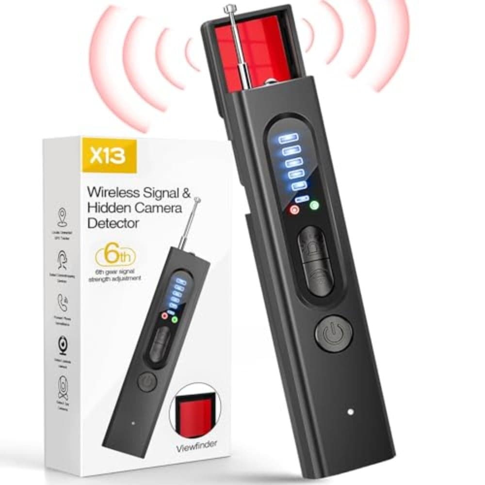 Hidden Camera Detector 1 pc for car indoor home hotel travel office use, RF signal and GPS detector with 5 levels sensitivity, aluminum alloy body, detects hidden cameras and bugs, black, portable and rechargeable