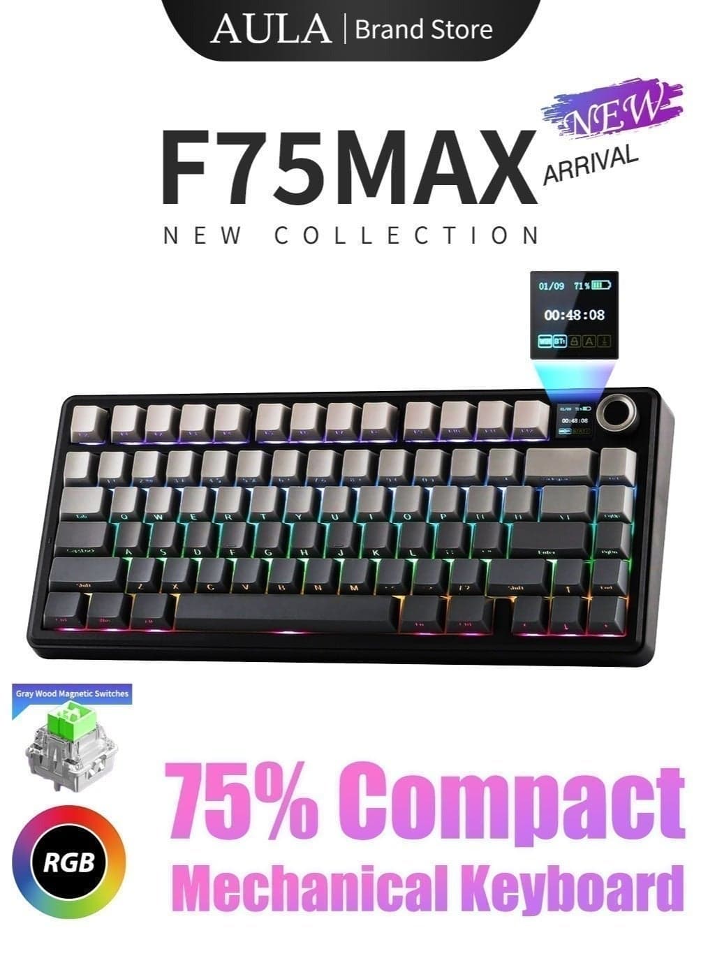 AULA F75 MAX Gaming Keyboard, 75% Hot Swappable Custom Mechanical Magnetic Keyboard with Knob&TFT Screen, 2.4GHz/Type-C/BT5.0, Gasket Creamy RGB Keyboards, for PC/Mac/Office/Gaming,Leobog Reaper Switch