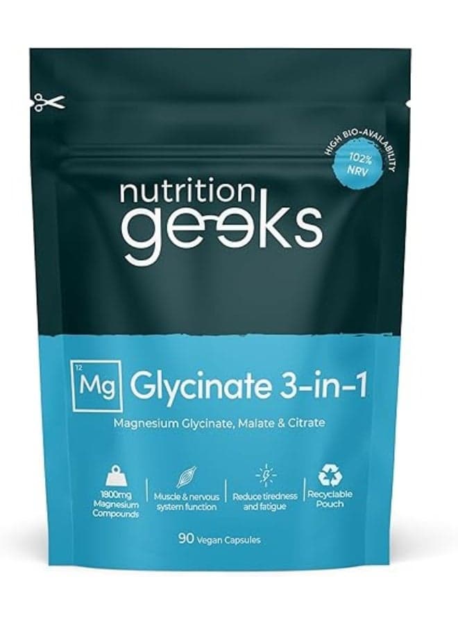 Magnesium Glycinate 3-in-1 Complex - 1800mg Supplements as Bisglycinate, Citrate & Malate 90 Vegan Capsules, Triple High Absorption 384mg Elemental, UK Made