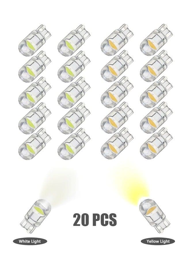20 Pcs LED Light Bulbs White and Yellow, 6000K 68 2825 W5W T10 COB LED Wedge Replacement Bulbs, Mini Bulbs for License Plate Lights, Car Position Lamps, Map Light