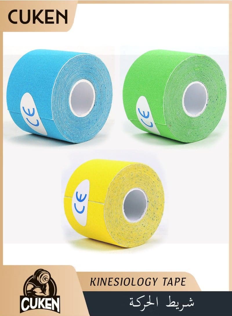 3-Piece Kinesiology Tape 5cm x 5m, Sports Tape for Muscle Support, Muscle Tape, Cotton Elastic Adhesive Bandage with Breathable Waterproof Material, Pain Relief Tape for Knee Strain Injury Support, for Physio and Home Use, Blue Green Yellow