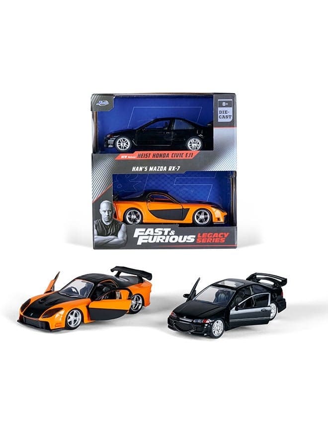 Toys Fast & Furious Legacy Series Twin Pack 1993 Honda Civic EJ1 & Han's 1997 Mazda RX-7 Die-Cast Cars, Toys for Kids and Adults – 1:32 Scale, Multicolored