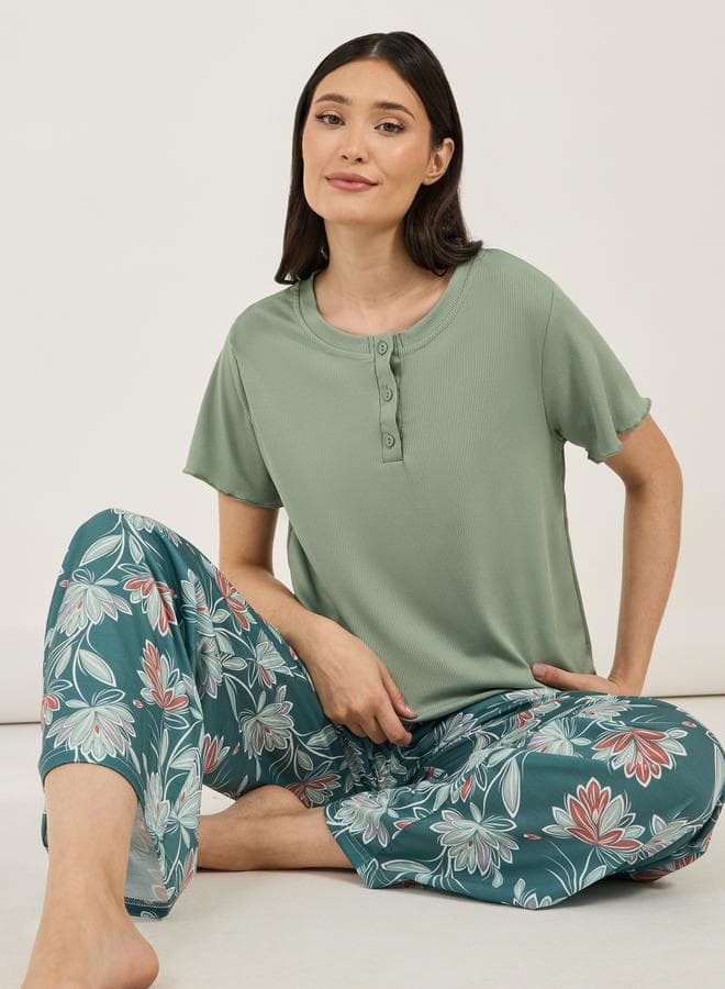 Rib Placket T-Shirt & Floral Print Pyjama Set