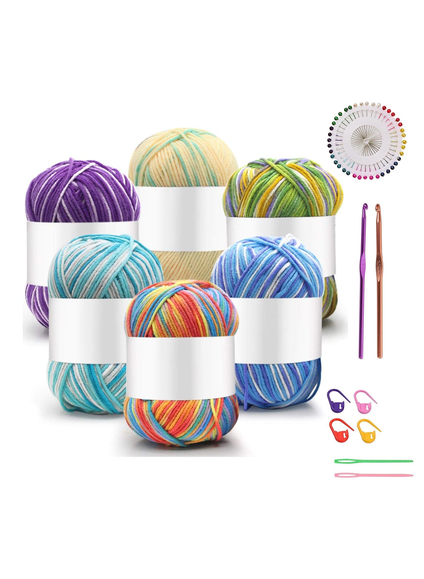 6 PCS Multi Colored Acrylic Yarn ,Multicolor Crochet Craft Yarn with Crochet Hooks Knitting Needles Stitch Markers and pearl head pins set