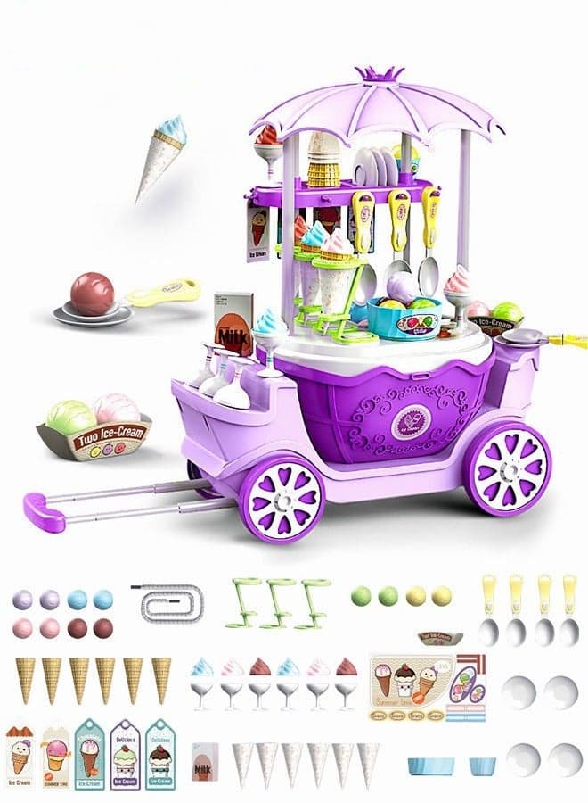 Ice Cream Cart and Pretend Play Food Set with 69 Pieces - 4 in 1 Simulation Ice Cream Truck Kit - Mini Ice Cream Toys for Kids Aged 3+ - Play House Toy Gift