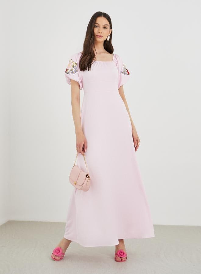 Embroidered Puff Sleeve Square Neck Maxi Dress